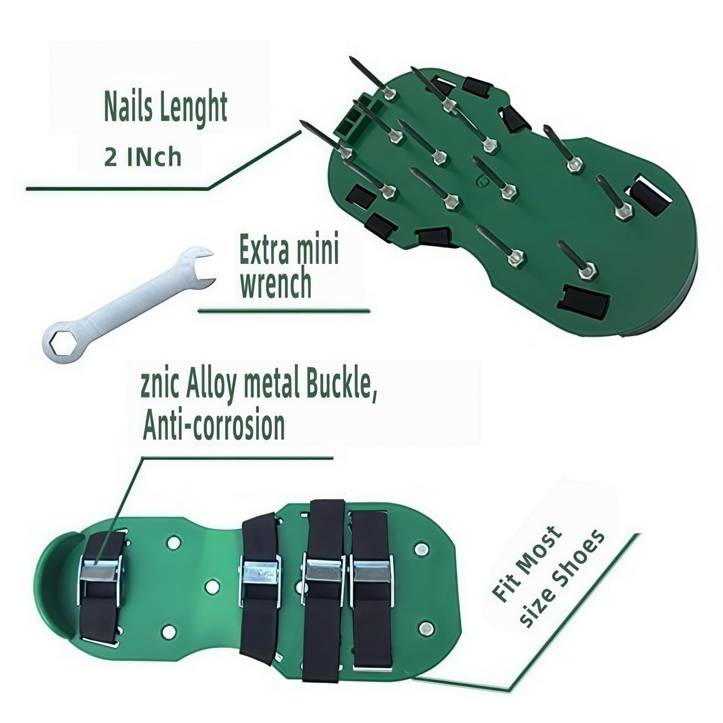 Twomissone Lawn Aerator Shoes with Hook & Loop Straps Heavy Duty Spiked Aerating Sandals One-Size-Fits-All & Easy to Use for Yard Patio Lawn Garden (DarkGreen)