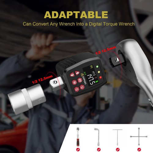 ANPUDS 1/2" Digital Torque Adapter, 7.4-147.5 Ft-lb/10-200 Nm, Digital Torque Wrench Converter with ±1% Accuracy, Preset Value, Data Storage, Buzzer & LED Indicators, 3/8'' & 1/4'' Adapters for Car