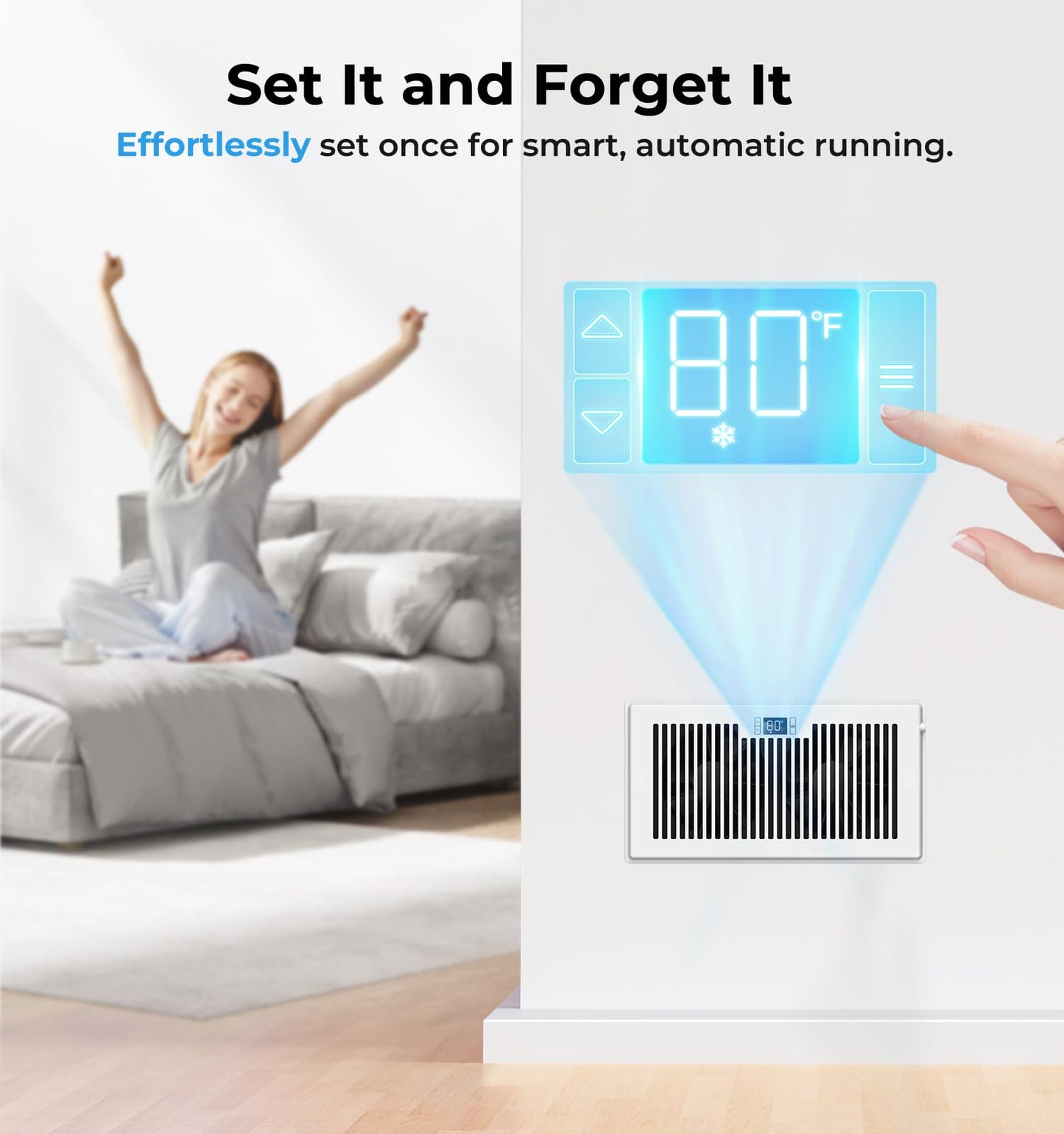 VELLEE Quiet Register Booster Fan Fits 6" x 12" (DUCT OPENING CUTOUT), 10-Speed Smart Heating Cooling AC Vent Booster Fan w/Remote Control & Thermostat Control (White) - Corded