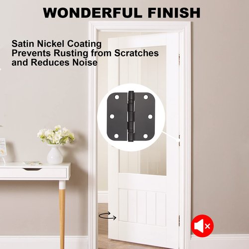 3 Pack Matte Black Door Hinges Black 3.5 x 3.5 Inch Interior Door Hinges 3 1/2 Inch Thicken with Round 5/8" Radius Corners, Hardware Door Hinge Replacement