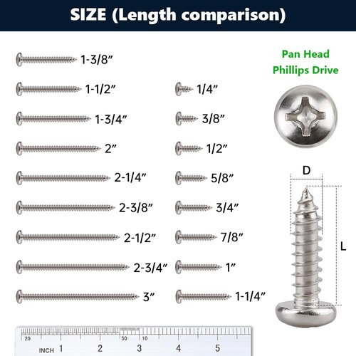 #8 x 3/4" (100 Pack) Stainless Steel Phillips Pan Head Wood Screws, Stainless Steel 304 (18-8), Pan Head Sheet Metal Screws Self Tapping for Wood
