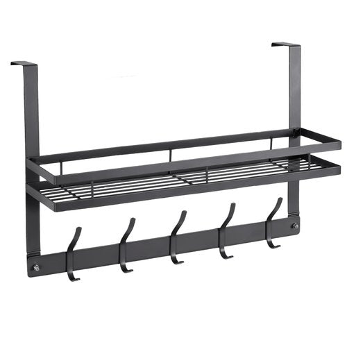 Senmeo Over Door Storage Rack with Shelf and 5 Hooks, Metal Hanging Organizer, 17 x 11 inches, Black