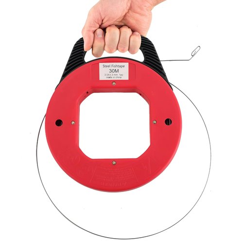 FLKQC 100 Feet (30M) Steel Fish Tape in Red Plastic Housing Retractable Wire Fish Tape Reel Pulling for Heavy Duty Pulls, Short Runs and Conduit Measuring