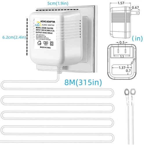 Video doorbell Special Power Transformer, 18V500MA Ring doorbell Power Adapter, Compatible with Ring, Nest, Eufy, Wyze, Arlo Wireless Video doorbell (with 315in Cable White)