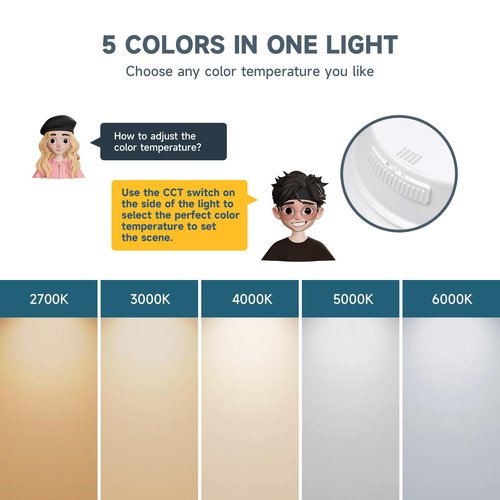 ECOELER 5/6 inch 5CCT Retrofit LED Recessed Lighting, Dimmable Can Lights, Damp Rated, 16.5W 1200Lm Can Lights with Smooth Aluminum Trim, 2700K/3000K/4000K/5000K/6000K Selectable, ETL & FCC Listed
