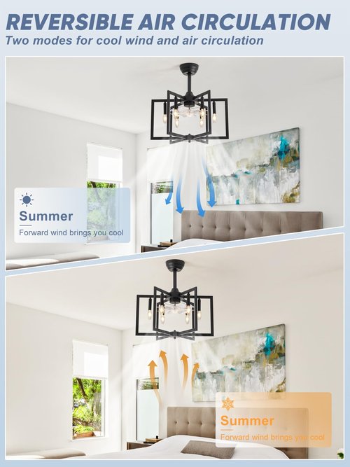 DDLLDESHI Black Chandelier fan Farmhouse Ceiling Fan with Light and Remote Modern fandelier ceiling fan with light for Bedroom,Kitchen,living room,foyer(6 Speed, Timing Adjustable Height)