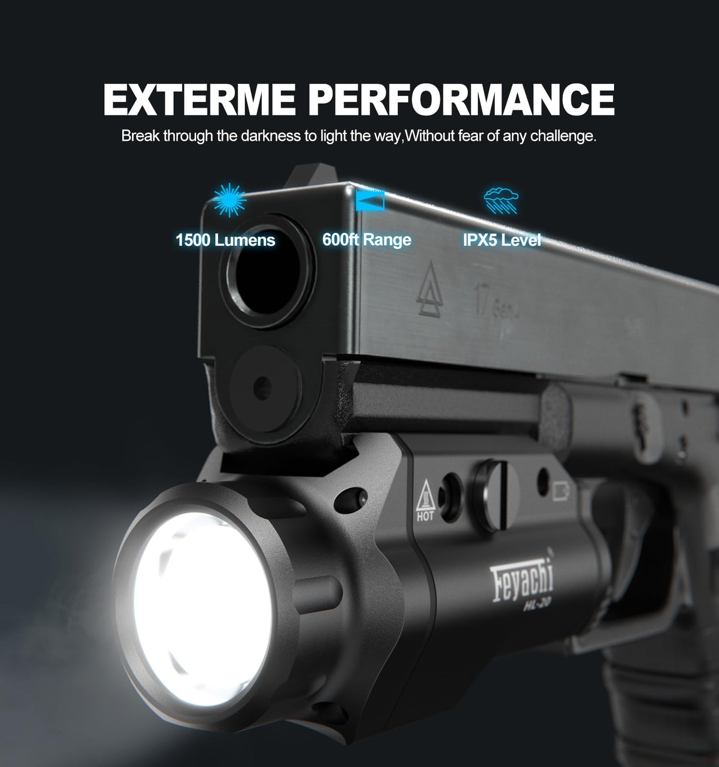 Feyachi HL-20 Pistol Light 1500 Lumen Upgrade LED Weapon Light Compact Rail Mounted Handgun Tactical Flashlight Rail Locating Keys for Picatinny, Black