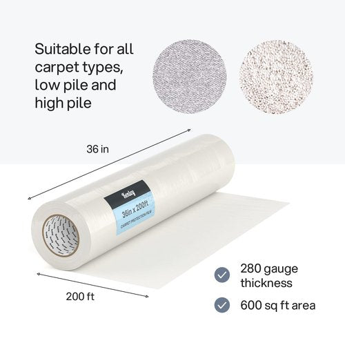 Kenley Carpet Protection Film - Self Adhesive Plastic Carpet Protector Film - Heavy Duty Shield Covering for Stairs Floor Runner Surface - Puncture & Water Resistant Sticky Protection Roll (36"x200')