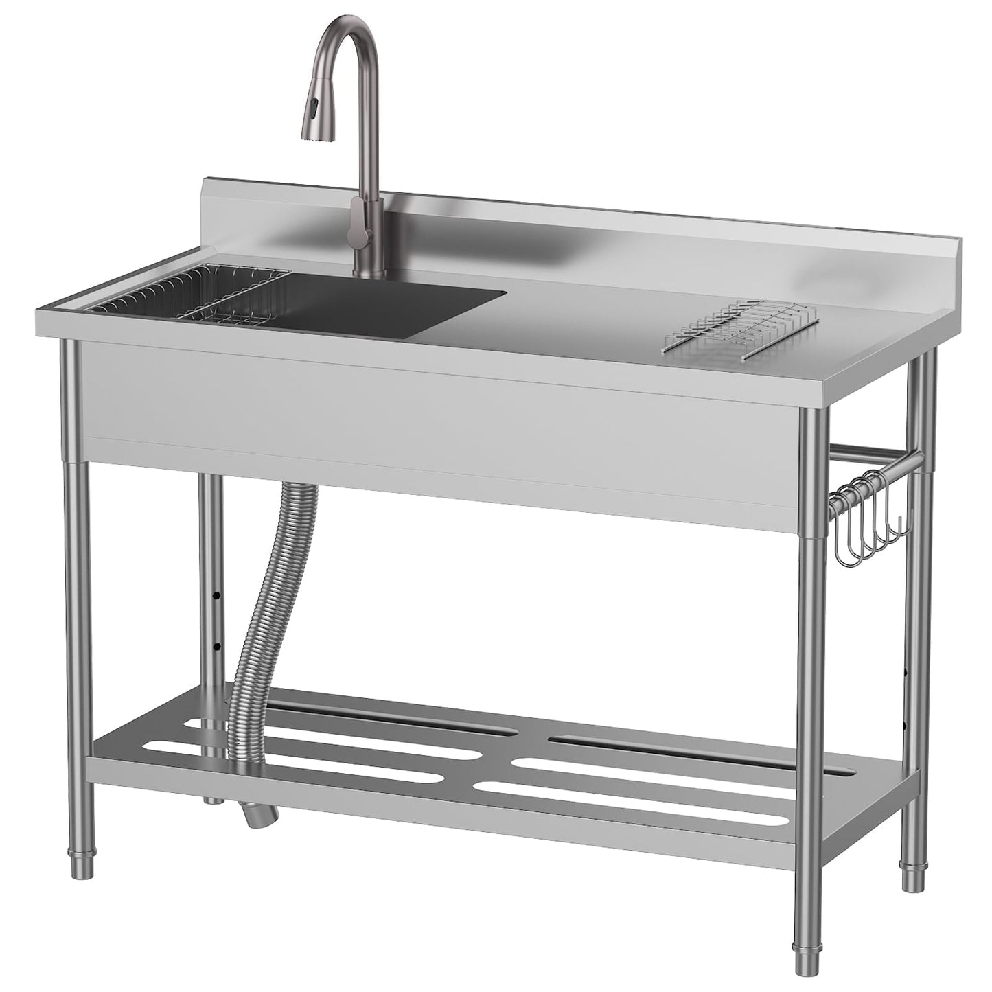 Gray Utility Sink, 47 x 22 x 37 Inch Freestanding Stainless Steel Single Bowl Laundry Sink With Pull-Down Faucet, Large Workbench Top, Modern Metallic Finish for Garage, Mudroom