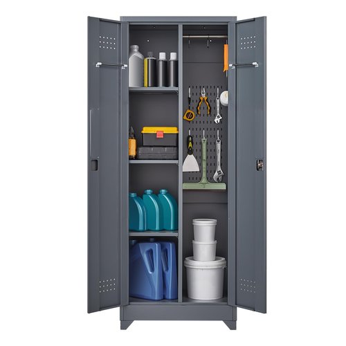 LUCYPAL Metal Broom Storage Cabinet with Shelves and Lock,Broom Closet Storage Cabinet with Hanging Rods for Mops,65" H Cleaning Tool Storage Cabinet for Utility Room,Garage,Laundry Room,Grey