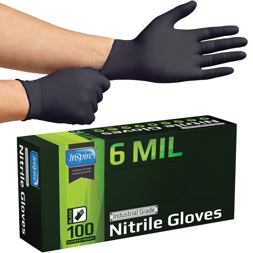 Inspire HEAVY DUTY 6Mil ORIGINAL Quality Stretch Nitrile Gloves Black Disposable Latex Free | Food, Industrial, Mechanic Tattoo (6Mil Black, Medium)