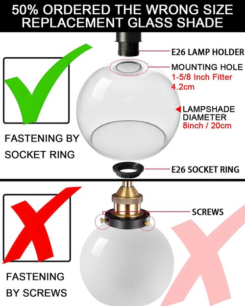 Fixture Replacement Globe Shade with 1.65 Inch Fitter, 8 Inch Diameter, E26 Base 1-5/8 Inch Fitter, Glass Lampshade Cover for Pendant Wall Sconce Chandelier Vanity Light (Clear)