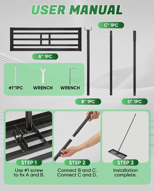Saker Lawn Leveling Rake 30x10 Inch, 73-Inch Heavy Duty Lawn Leveler Tool with Stainless Steel Handle for Lawns, Backyard, Garden, Golf Course, Farm - Black