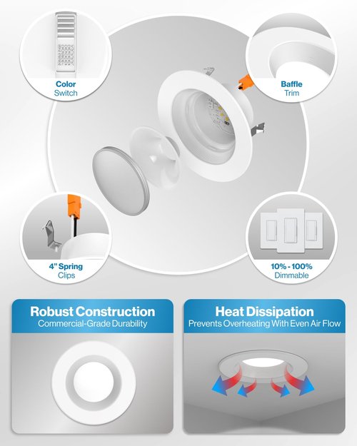 Sunco 4 Inch LED Recessed Lights, Retrofit Can Lighting, 660 LM, 11W (40W Equivalent), Selectable CCT 2700K/3000K/3500K/4000K/5000K, Dimmable, Baffle Trim, Replacement Conversion Kit UL 4 Pack.
