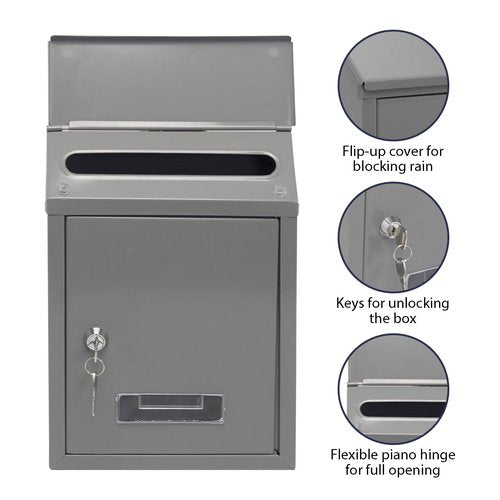 Wall Mount Mailbox with Key Lock, Large Capacity Metal Mailbox for Home or Office, Weatherproof Steel Postbox, Secure Drop Box for Packages and Mail, 11.8" x 8.5" x 2.8" (Gray)