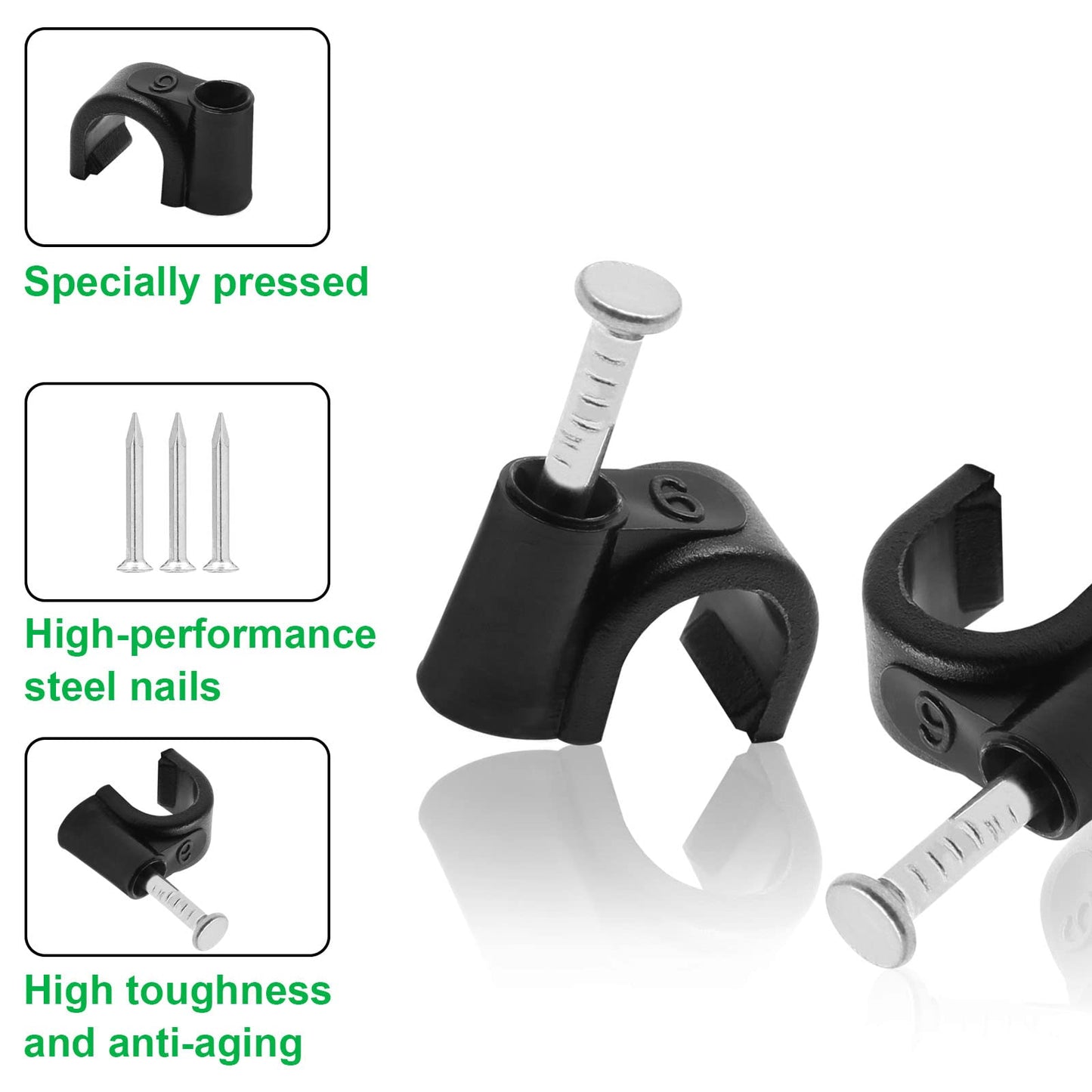 PHITUODA 100pcs 1/4" / 6mm Half Clamp J-Hook with Nail, Nail in Cable Clips Ethernet Cable Nails Tacks Clips, Black