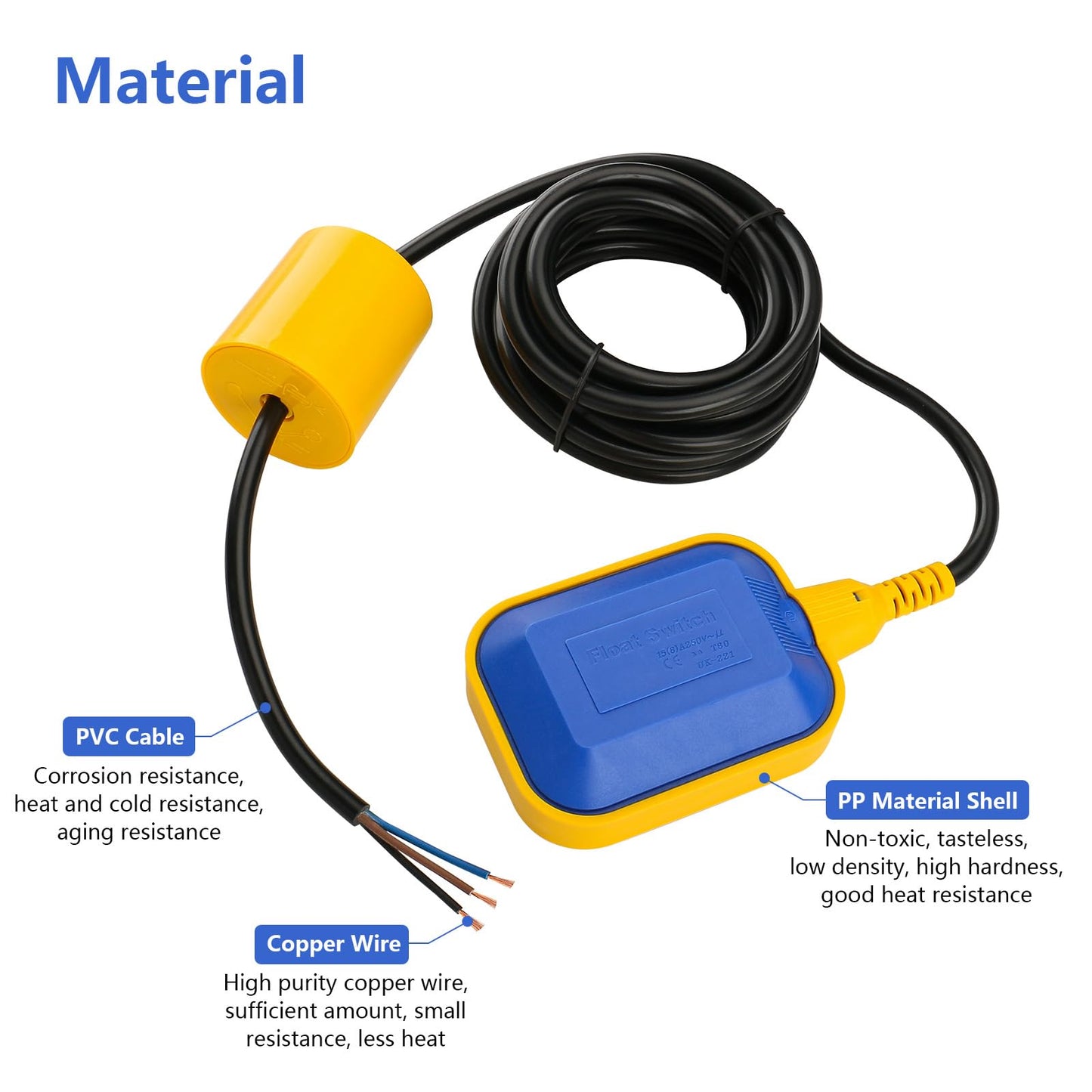 Baomain 4M 13ft Cable Float Switch, Water Level Controller, for Tank Pump, Water Tank or Sewage System On Auto Pilot, with Counterweight