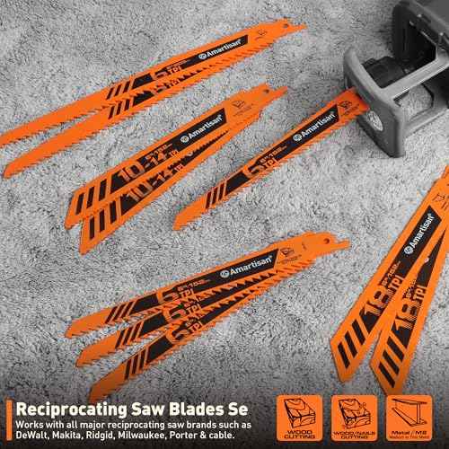 AMARTISAN 10-Piece Bi-Metal Reciprocating Saw Blade Set 6 to 8 Inch Used for Wood & Metal Cutting, Drywall, Plastic and Composite Materials