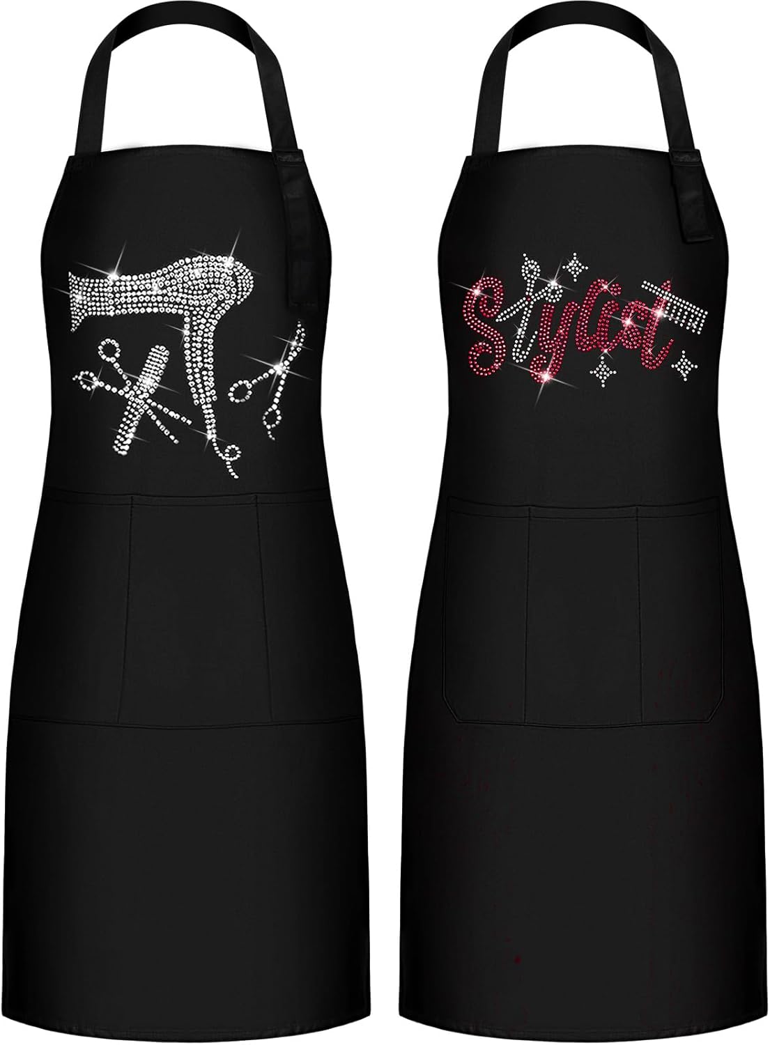 Coume 2 Pcs Hair Stylist Apron Hairstylist Salon Apron with Rhinestone Tools 3 Pockets Waterproof Hairdresser Barber
