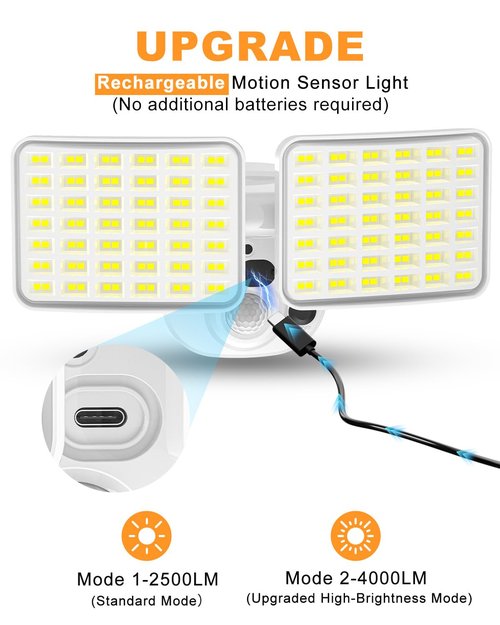 Rechargeable Motion Sensor Light, 2500LM&4000LM Dual Modes Rechargeable Outdoor Lights, USB Charging Outdoor Battery Powered Light, LED Flood Lights Motion Light for Garage, Yard, Garden,Classic White