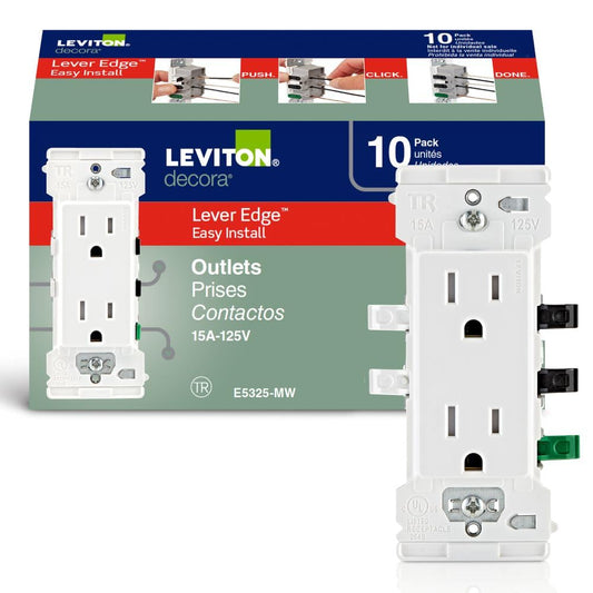Leviton Decora Edge 15 Amp Tamper-Resistant Duplex Wall Outlet, 10-Pack, E5325-MW, White