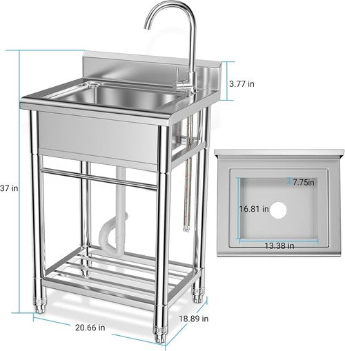 Lafati Stainless Steel Utility Sink - Single Bowl Free Standing Kitchen Sink NSF Certificated with Cold and Hot Water for Farmhouse, Bathroom, Bar, Laundry Room (23 Inch)