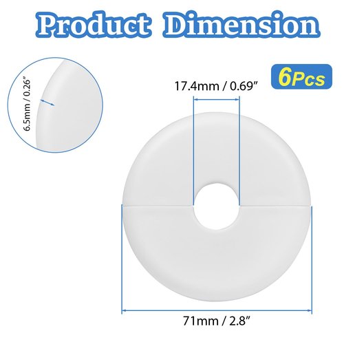 6Pcs Wall Split Flange for 0.6"/16mm Diameter Pipe ABS Round Self-Adhesive Escutcheon Plates 2.8"/70mm OD Plumbing Cover Plates Cover for Water Pipe Faucet Wall Hole Decoration Accessories (White)