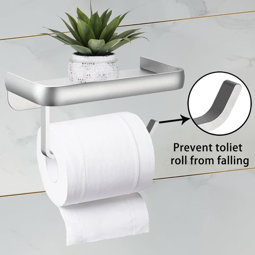 Toilet Paper Holder with Phone Shelf, Adhesive or Screw Wall Mount Toilet Tissue Roll Holder, Rustproof & Multifunctional All Metal Bathroom Storage Dispenser (Silver)