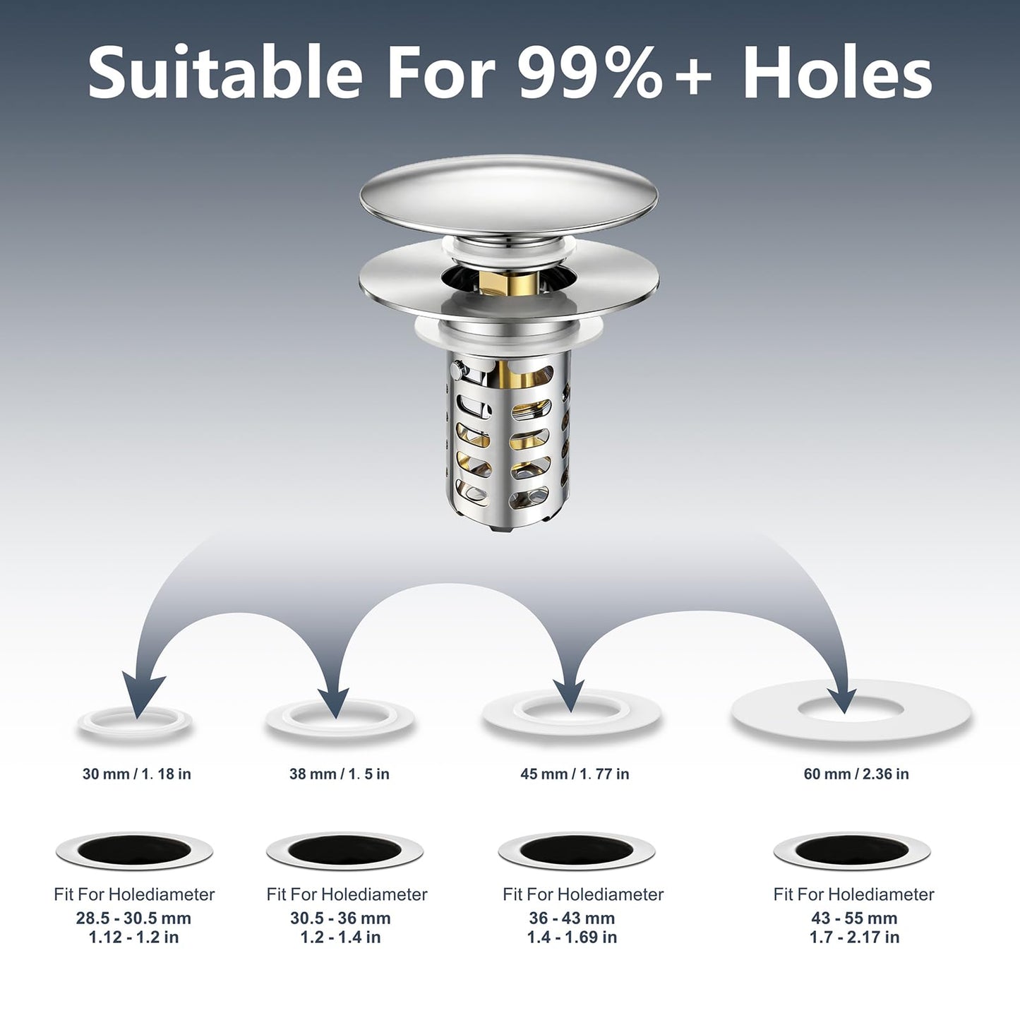 HUAERSICO Pop Up Bathroom Sink Stopper, Universal Bathroom Sink Drain Strainer with Hair Catcher, for 1.1"-2.17" Drains, Brass Core & Stainless Steel Mesh