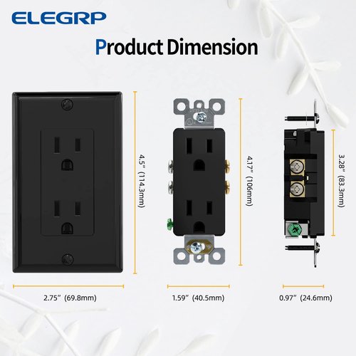 ELEGRP Decorator Receptacle, 15A 125V Standard Electrical Wall Outlet, 2 Pole 3 Wire, Non-Tamper Resistant, NEMA 5-15R, Self-Grounding Residential Grade, w/Wall Plate, UL (Glossy Black, 10 Pack)