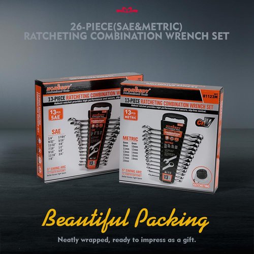 HORUSDY 26-Piece Ratcheting Wrench Set | Metric and SAE | Ratchet Combination Wrenches Set with Organizer | 72-Tooth | Chrome Vanadium Steel | 6-19 mm & 1/4” to 3/4“ (13-Piece Metric&SAE)