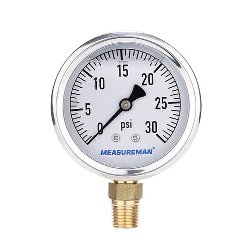 MEASUREMAN 2-1/2inch Dial Size, Glycerin Filled Plumbing Pressure Gauge, 0-30psi, Stainless Steel Case, 1/4inch NPT Lower Mount