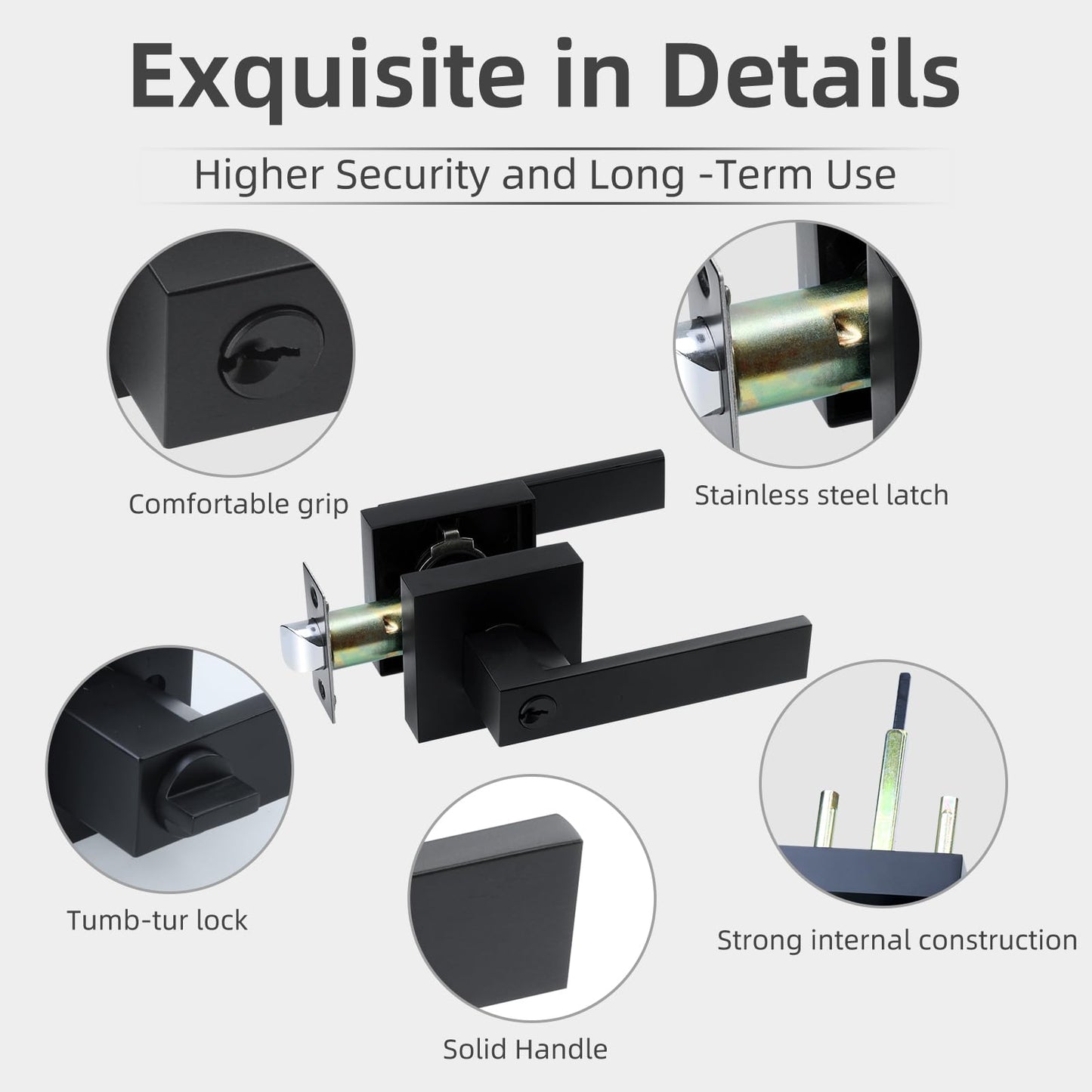 JO.KO Entry Door Lock Set, Square Door Lever for Bedroom, Passage Door Privacy Locking Interior/Exterior Entry Door Knob/Heavy Duty