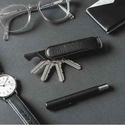 Jibbon Multifunctional EDC Keychain Multitool - Black Stainless Steel 5-in-1 Key Organizer Tool, Keyring Bottle Opener, Box Cutter - Only 2.5 mm thick for Effortless Portability and Pocket organizer