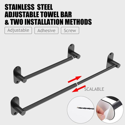 MIROAMZ Towel Bar, Adjustable 14.4inch - 25.2inch Towel Rack, Self Adhesive & Wall Mounted for Bathroom Kitchen Hand Towel Holder Cloths Hanger SUS 304 Stainless Steel Organizer Single Bar Matte Black