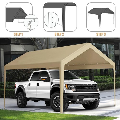 Rutile 12 x 20 FT Carport Replacement Cover, Heavy Duty Car Tarp Canopy Tent Garage Top Shelter Cover with Fabric Leg Pole Skirts and Ball Bungees Beige (Only Top Cover, Frame is not Included)