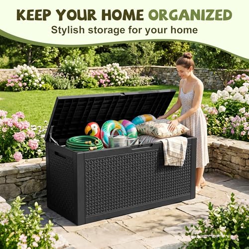Black 160 Gallon Outdoor Waterproof Storage Box with Lock & Seat