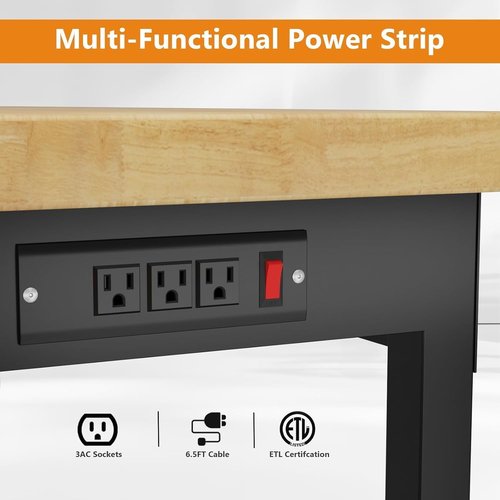 Pelnuies 60" Work Bench with Wheels, Adjustable Height Workbench with Drawers, Heavy-Duty Work Table with Power Outlets, 2000 LBS Capacity Workstation for Garage, Workshop, Office, Home