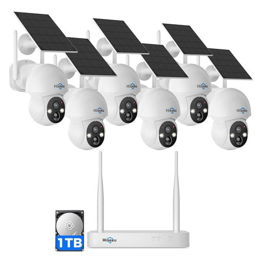 Hiseeu Solar Camera Wireless Outdoor, Home Security Camera System, 2.4G & 5G WiFi, Solar-Powered 4MP 6 Cam-Kit, Color Night Vision, 360° View, Pan & Tilt, 1TB HDD, No Subscription