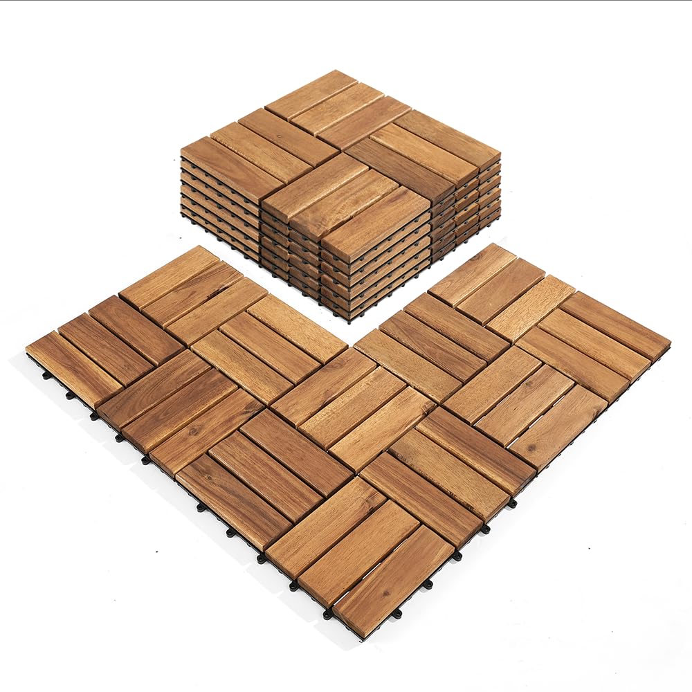 AN68 Premium Acacia Wood Interlocking Deck Tiles – Set of 9 pcs, 12"x12", Waterproof Outdoor Patio Flooring, Weather-Resistant Wooden Tiles for Balcony, Backyard, Indoor & Outdoor Use (Natural)