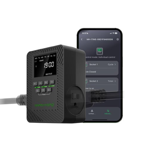 2025 MARS Hydro ITime 2-in-1 Smart Timer Outlet Dual Outlet App Control Custom Programmable 12 On/Off Heavy Duty Plug-in Outlet Timer with Countdown Setting