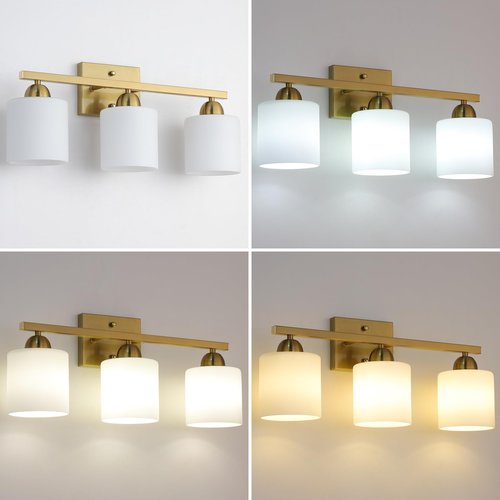 Mecgirn Stainless Steel Milk Glass Bathroom Vanity Light Over Mirror, 3 Light Brushed Gold Bathroom Light Fixtures with Frosted Glass, Modern Vanity Lighting Wall Mount