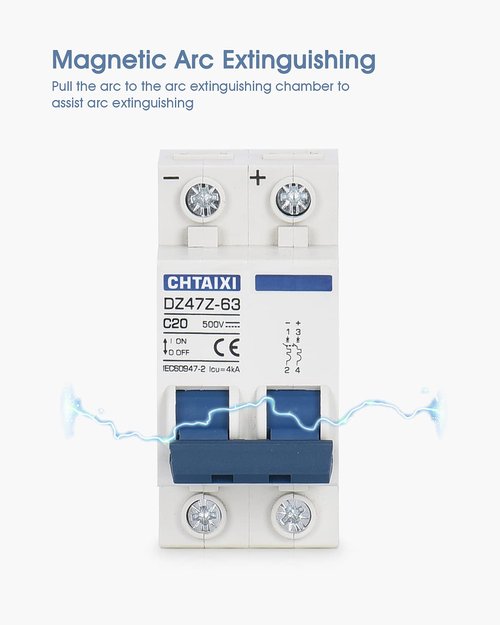 CHTAIXI DC Miniature Circuit Breaker, 2 Pole 500V 20 Amp Isolator for Solar PV System, Thermal Magnetic Trip, DIN Rail Mount, Chtaixi DC Disconnect Switch C20