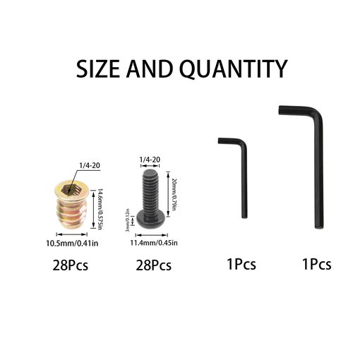 Rrina 28 Sets 1/4-20 x 25/32" Furniture Screw Nut Threaded Wood Inserts Bolt Fastener Connector Hex Socket Drive 1/4-20 x 19/32" Screw-in Nuts