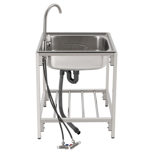 Free Standing Single Bowl Kitchen Sink, 23.6 * 17.7 * 29.5in Stainless Steel Utility Sink with Cold & Hot Tap, Commercial & Home Basin for Kitchen, Bar, Restaurant, Dessert Shop