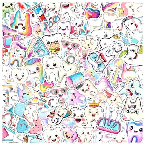 Cute Cartoon Teeth Stickers 108Pcs Dentist Vinyl Tooth Theme for Kids Dental Clinic Classroom Reward Water Bottles Scrapbooking Laptop Decoration Pack Hat