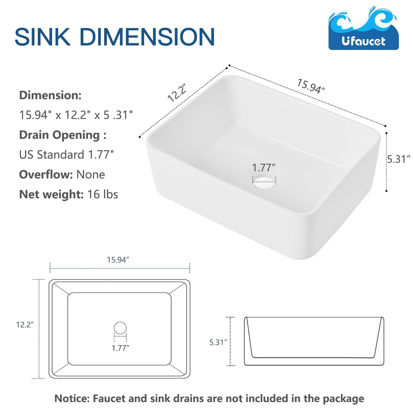 Ufaucet Bathroom Vessel Sink Rectangle, 16" X 12" White Bathroom Ceramic Vessel Sink Above Counter, Modern Porcelain Lavatory Small Above Counter Art Basin Vanity Sink, Lavamanos De Baño