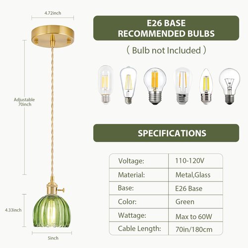 Mini Pendant Lights Kitchen Island 2 Pack, Small Adjustable Pendant Light Fixture with Green Tulip Glass Lampshade, Vintage Gold Pendant Lighting, Pendant Light for Bedroom Dining Room Hallway