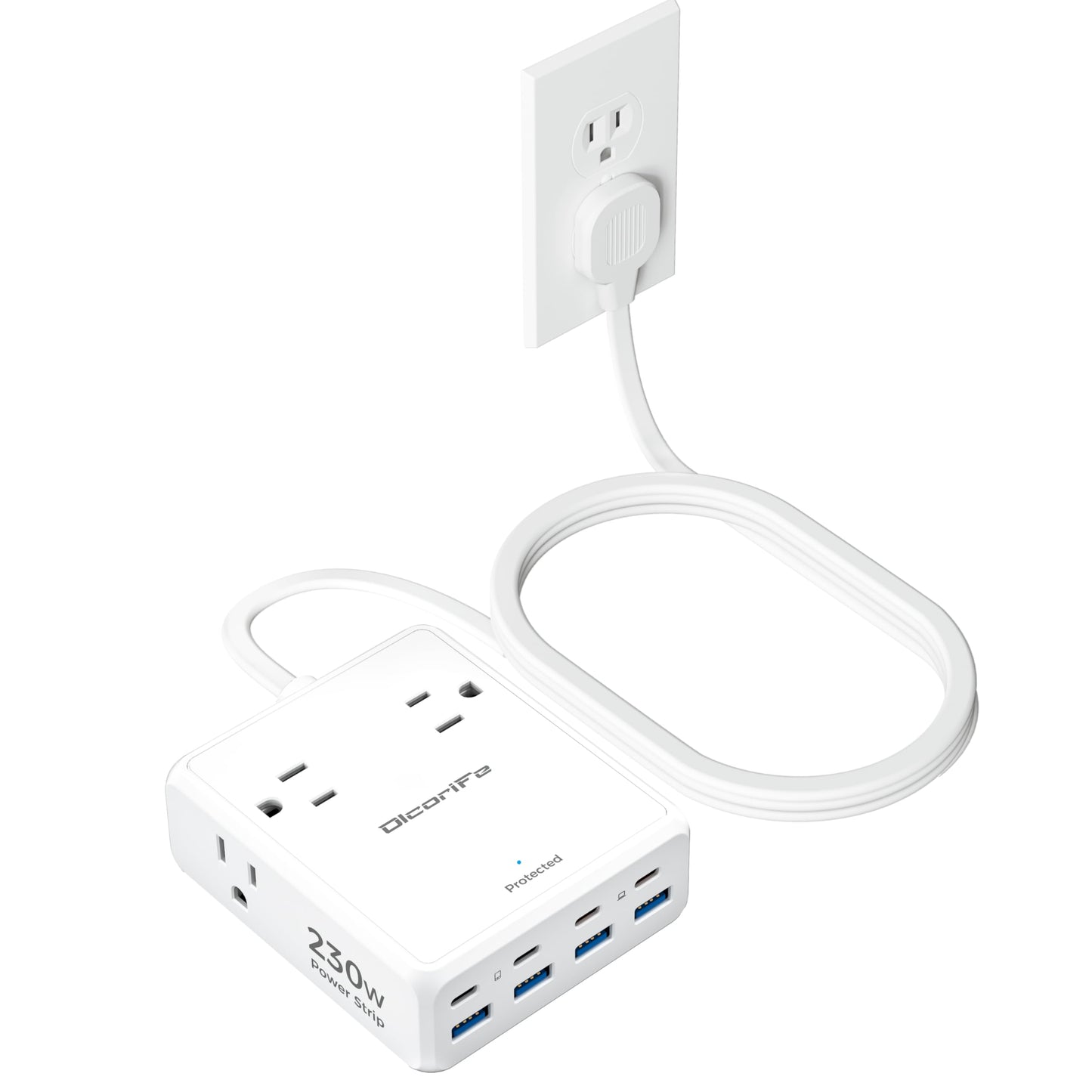 Olcorife 230W USB Power Strip with 5 FT Extension Cord, 4 AC Outlets 8 USB Ports(4 USB-C&4 USB A), 3 Sided Outlet Extender for Home Office Travel Dorm Room Essentials, White