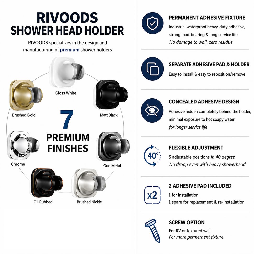 Handheld Shower Head Holder - 5 Positions Adjustable - Slide to Fit - Adhesive Mount with Screw Option, Bathroom Wall Mount Shower Hose Holder (Chrome)